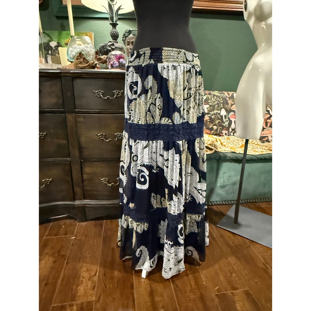 Boston Proper Navy Paisley Tiered Maxi Skirt Crochet Lace Trim Boho Womens M